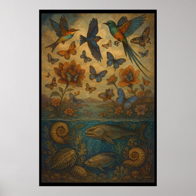 Poster Oiseaux, papillons et vie marine (Devant)