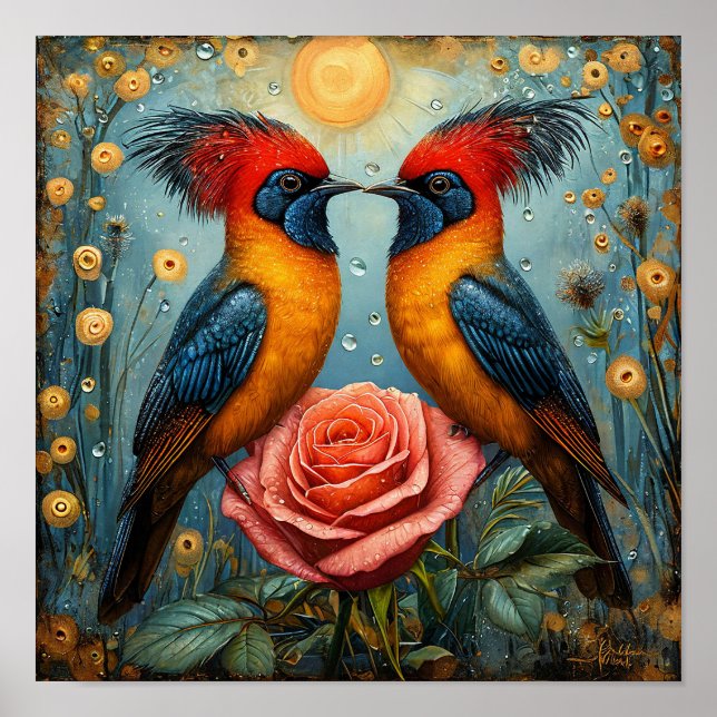Poster Oiseaux Romantiques Fantaisistes au-Dessus d'une R (Devant)