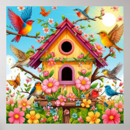 Poster Oiseaux se perchant autour d'une maison d'oiseaux
