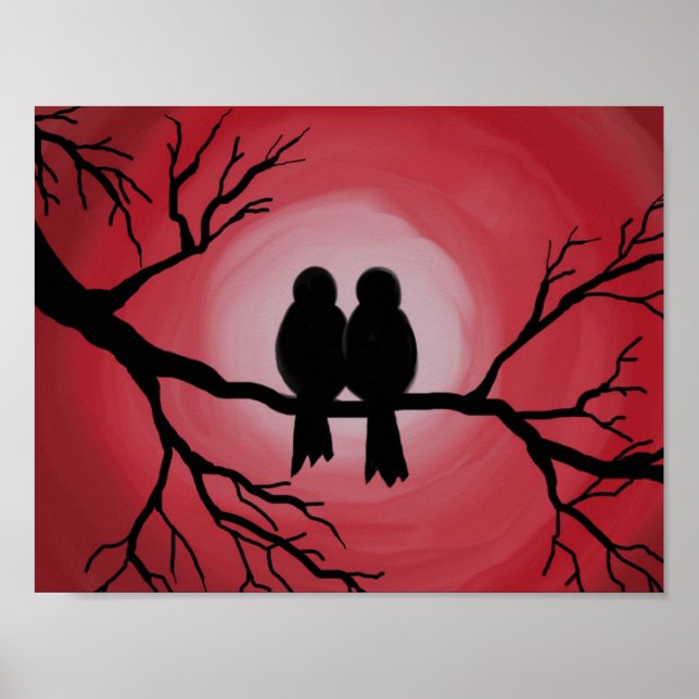 Poster Oiseaux sur branche d'arbre. Coucher du soleil, si (Devant)