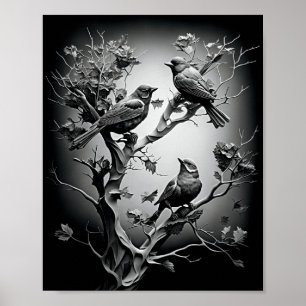 Poster Oiseaux Sur Les Branches D'Arbre Oiseaux Noirs Et