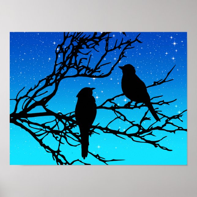 Poster Oiseaux sur une branche, Noir contre Bleu du soir (Devant)