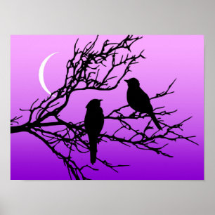 Poster Oiseaux sur une branche, Noir contre le crépuscule