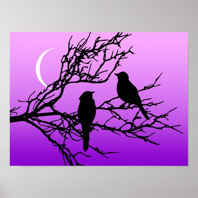 Poster Oiseaux sur une branche, Noir contre le crépuscule (Devant)