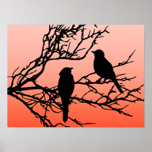 Poster Oiseaux sur une branche, noire contre l'orange de