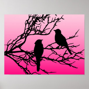 Poster Oiseaux sur une branche, noirs sur fond rose aube