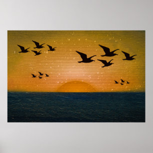 Poster Oiseaux survolant le paysage marin du coucher du s