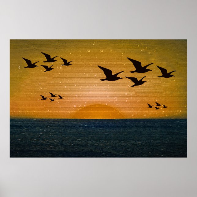Poster Oiseaux survolant le paysage marin du coucher du s (Devant)