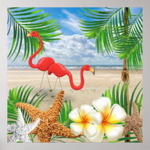 Poster Oiseaux tropicaux de Flamant rose à la plage