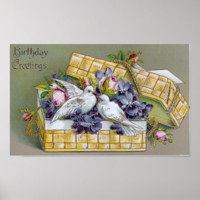 Poster Oiseaux vintages dans un panier (Devant)
