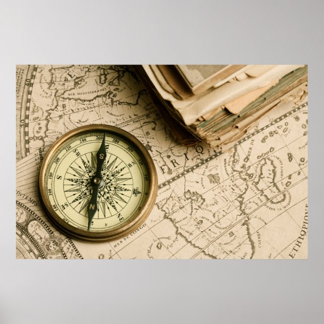 Poster Old compass over Ancient Map (Devant)