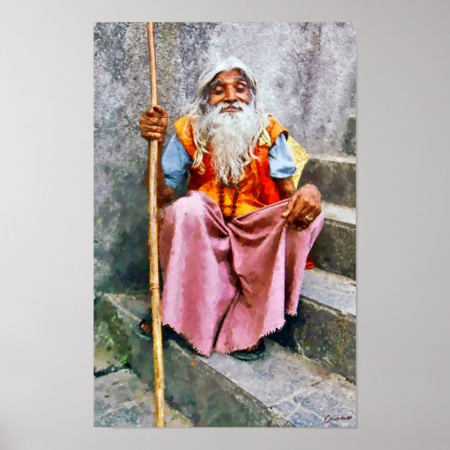 Poster Old Indian Man With Staff (Devant)