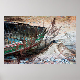 Poster Old Painted Wood Boat Abandoned on Beach