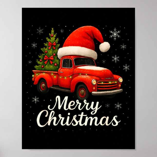 Poster Old Red Truck Santa Hat Xmas Tree Merry Christmas  (Devant)