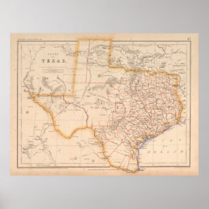 Poster Old Texas Map (1857) Vintage TX Lone Star State St
