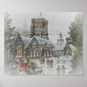 Poster Old time Santa with children in front of a church