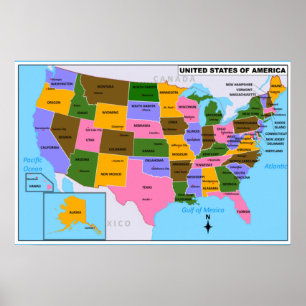 Poster OLD USA Carte avec Capitales d'Etat et Golfe du Me