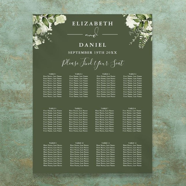 Poster Olive Green Floral Greenery Carte Mariage de siège (Olive Green Floral Greenery Wedding Seating Chart)