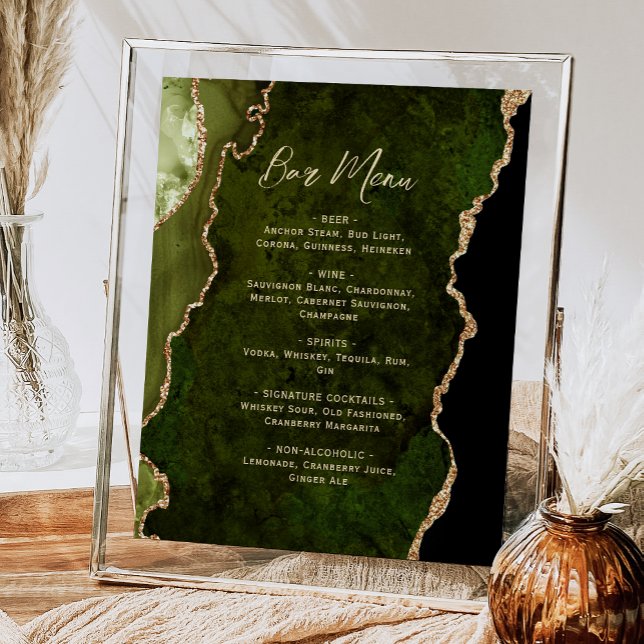 Poster Olive Green Gold Agate Script Wedding Bar Menu  (Créateur téléchargé)