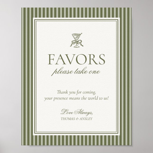 Poster Olive Martini Green Striped Wedding Favors Sign (Devant)