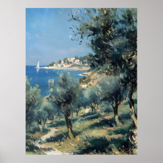 Poster Oliveraie avec village côtier et mer
