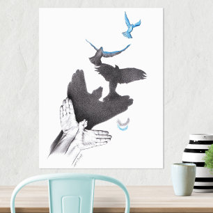 Poster Ombre de main Illusion d'oiseaux volants Art surré