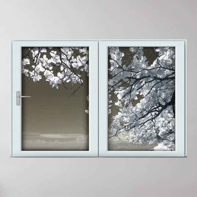 Poster Omins fleurs d'arbre blanc Faux fenêtre Illusion (Devant)