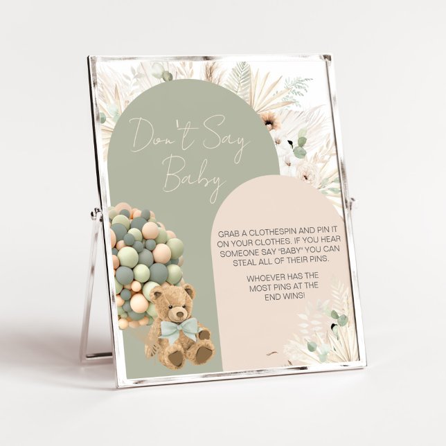 Poster On peut attendre Green Ne pas dire Baby (Green Boho Teddy Bear Baby Shower Don't Say Baby Sign)