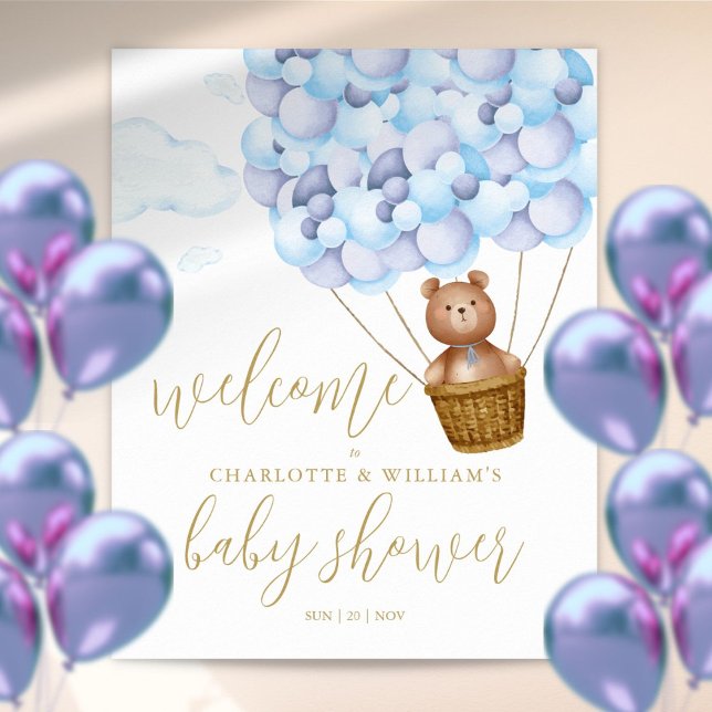 Poster On peut attendre l'Affiche de bienvenue Baby showe (We Can Bearly Wait Blue Baby Shower Welcome Sign)
