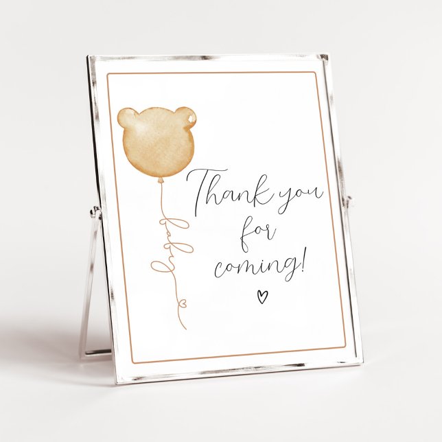 Poster On peut attendre le Merci Brown pour venir (Gender Neutral Minimalist Bear Baby Shower Thank you for Coming Sign)