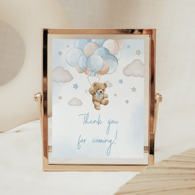 Poster On peut attendre le Merci de l'ours pour venir (Teddy Bear Balloon Baby Shower Thank you for Coming Sign)
