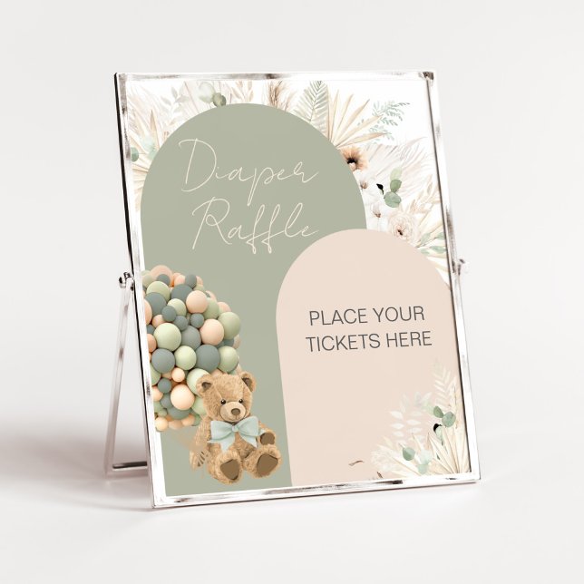 Poster On Peut Attendre Le Raffin De Baby shower Vert (Green Boho Teddy Bear Baby Shower Diaper Raffle Sign)