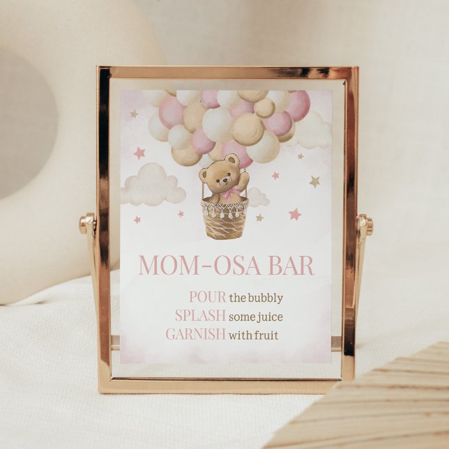 Poster On Peut Attendre Pink Bear Maman Osa Bar (Girl Teddy Bear Balloon Baby Shower Mom Osa Bar Sign)