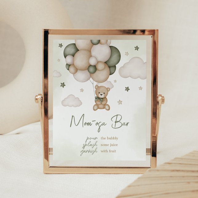 Poster On Peut Attendre Vert Boho Maman Osa Bar (Green Boho Teddy Bear Baby Shower Mom Osa Bar Sign)