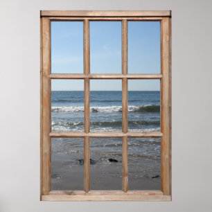 Poster Ondes roulantes sur la plage Vue depuis une fenêtr