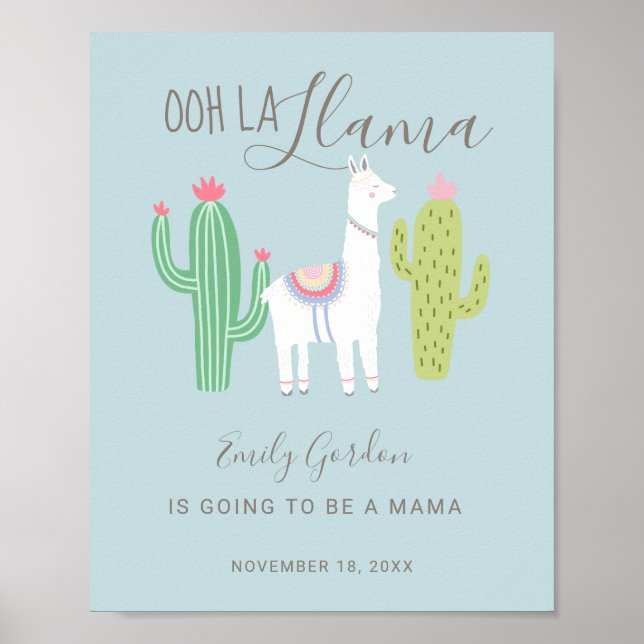 Poster Ooh La Llama Baby shower mignon bébé garçon bleu (Devant)