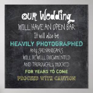 Poster Open Bar Mariage Sign Attention Drôle
