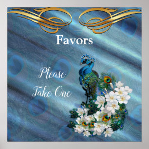 Poster Or, 2 Peacocks sur la soie verte Emeraude