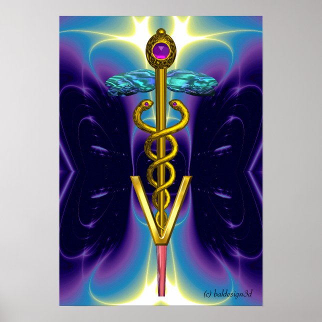 Poster OR CADUCEUS SYMBOLE VÉTÉRINAIRE Bleu pourpre (Devant)