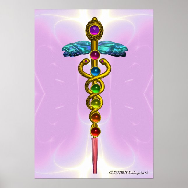Poster OR CADUCUS 7 CHAKRAS, Yoga, Rose Médicale clair (Devant)