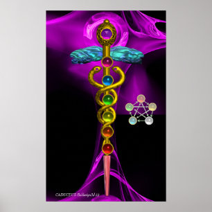 POSTER OR CADUCUS ET 7 CHAKRAS EN PURPLE FRACTAL ROSE