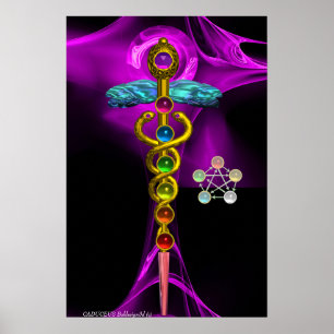 POSTER OR CADUCUS ET 7 CHAKRAS EN PURPLE FRACTAL ROSE