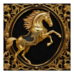 Poster Or cheval or et cadre ornemental noir