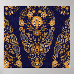 Poster Or et bleu, motif sans couture fleurie.