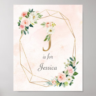 Poster Or et rose Roses Nom du bébé Monogramme