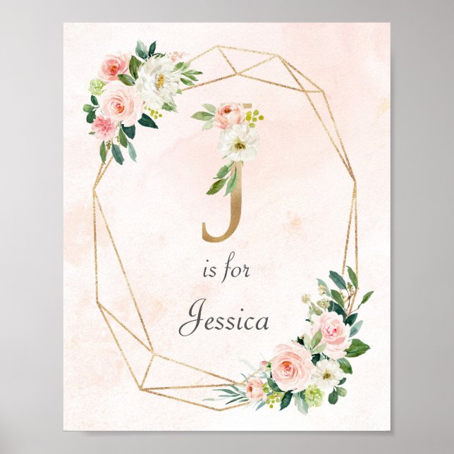 Poster Or et rose Roses Nom du bébé Monogramme (Devant)