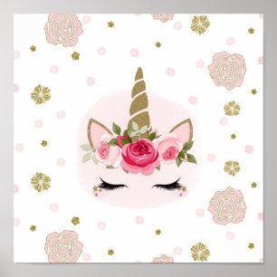 Poster Or et rose Unicorn Fleur Fleur Fleur Fleur Fleur T