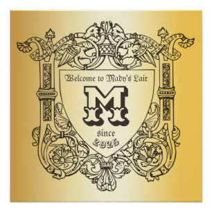 Poster Or médiéval de bouclier d'emblème de monogramme
