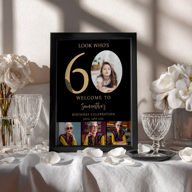 Poster Or noir moderne 60e anniversaire 4 Photo Bienvenue (Modern Black gold 60th Birthday 4 Photo Welcome Poster)