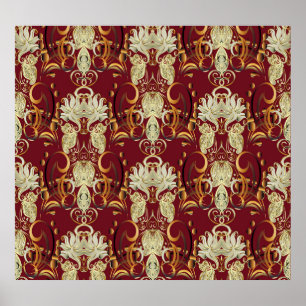 Poster Or rouge floral, motif vintage luxueux.